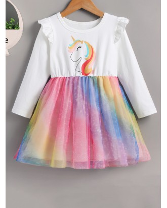 Toddler Girls Unicon Print Contrast Mesh Combo Dress