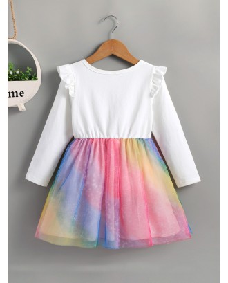 Toddler Girls Unicon Print Contrast Mesh Combo Dress