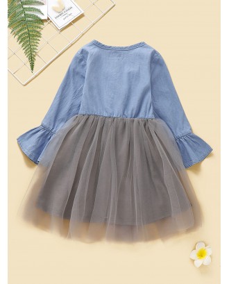 Toddler Girls Contrast Mesh Frill Half Placket A-line Dress
