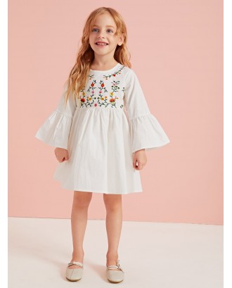 Toddler Girls Plants Embroidery Flounce Sleeve Smock Dress