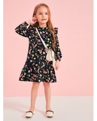 Toddler Girls Floral Frill Trim Ruffle Hem Dress Without Bag