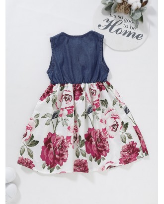 Toddler Girls Contrast Denim Floral Print A-line Dress