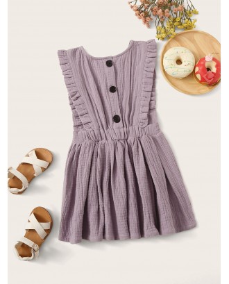Toddler Girls Half Button Frill Trim Linen A-line Dress