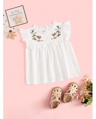Toddler Girls Floral Embroidery Frill Trim Smock Blouse