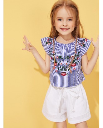 Toddler Girls Floral Embroidery Striped Blouse