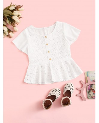 Toddler Girls Eyelet Embroidery Button Front Peplum Blouse