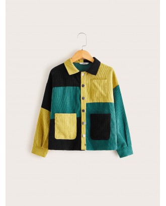 Girls Patch Pocket Colorblock Corduroy Jacket