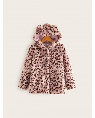 Girls Leopard Faux Fur Ear Hooded Coat