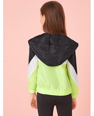Girls Cut-and-sew Zip Up Hooded Windbreaker Jacket