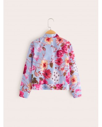 Girls Zip Up Floral Print Bomber Jacket