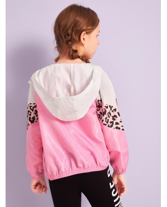 Girls Cut And Sew Leopard Print Windbreaker Jacket