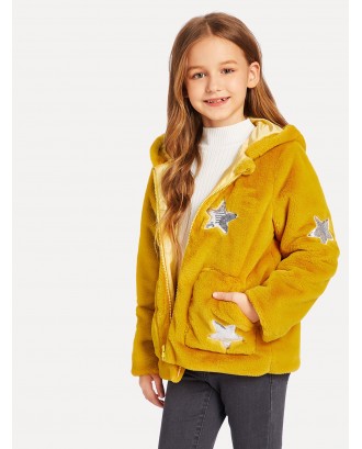 Girls Sequin Star Patched Faux Fur Hooded Teddy Jacket