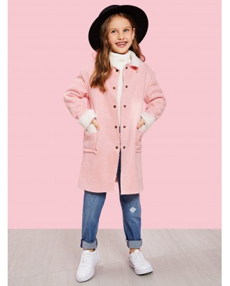 Girls Pocket Front Buttoned Faux Shearling Coat