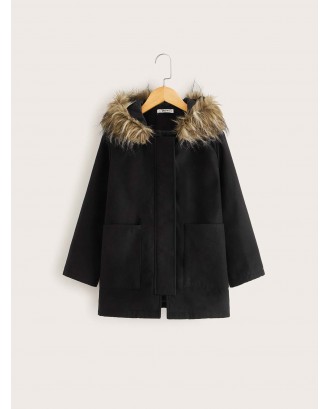 Girls Pocket Front Faux Fur Detail Hooded Coat