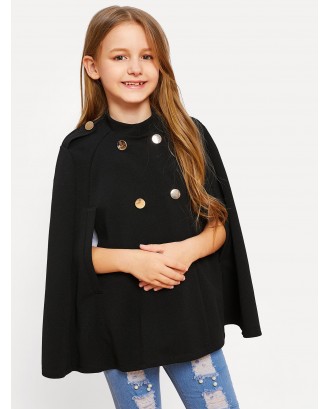 Girls Double Button Solid Cape Coat