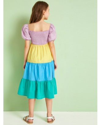 Girls Colorblock Puff Sleeve Shirred Bodice Dress