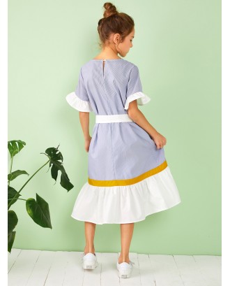 Girls Striped Color-block Ruffle Hem Belted Dress