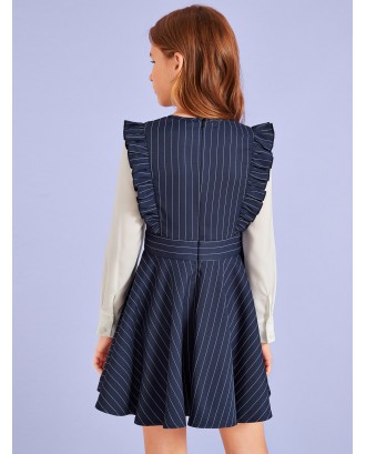 Girls Ruffle Armhole Button Detail 2 In 1 Striped Dress