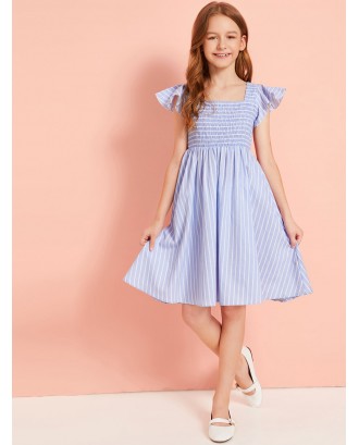 Girls Shirred Bodice Fit and Flared Striped Dress