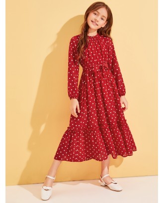 Girls Polka-dot Print Frill Trim Belted Dress