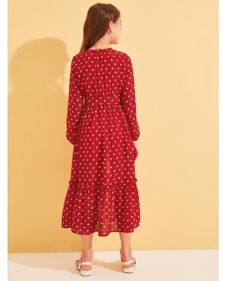 Girls Polka-dot Print Frill Trim Belted Dress