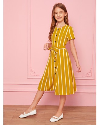 Girls Self Belted Buttoned Front Striped Dress