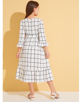 Girls Ruffle Trim Belted Grid Print Dress