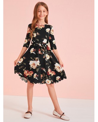 Girls Scallop Trim Floral Print Belted Dress