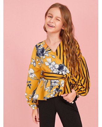 Girls Mixed Print Wrap Belted Top