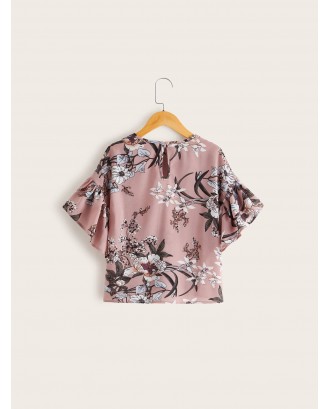 Girls Floral Print Flounce Sleeve Top
