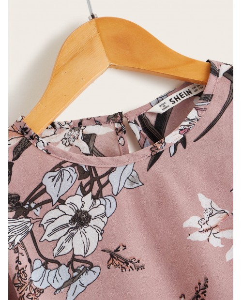 Girls Floral Print Flounce Sleeve Top