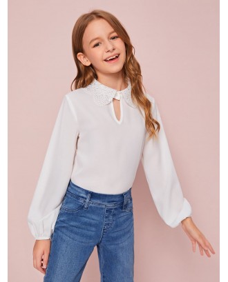 Girls Cut Out Front Guipure Lace Collar Top