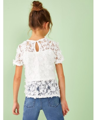 Girls Flower Applique Lace Top With Cami