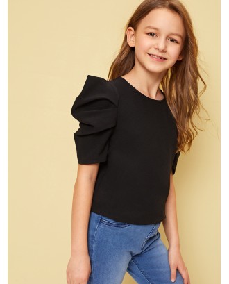 Girls Pleated Puff Sleeve Solid Top