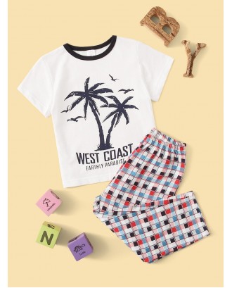 Toddler Boys Palm Tree Print Plaid Pajama Set