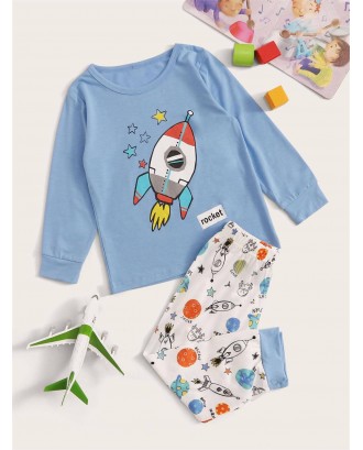 Toddler Boys Cartoon Spacecraft Print PJ Set