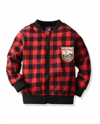 Toddler Boys Embroidery Patched Contrast Trim Gingham Bomber Jacket